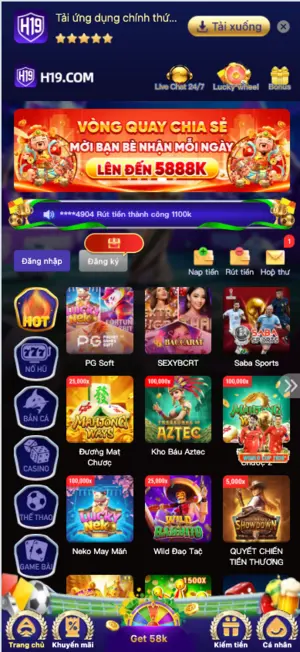 Sảnh game VN-H19 gồm Nổ Hũ, Bắn Cá và Live Casino